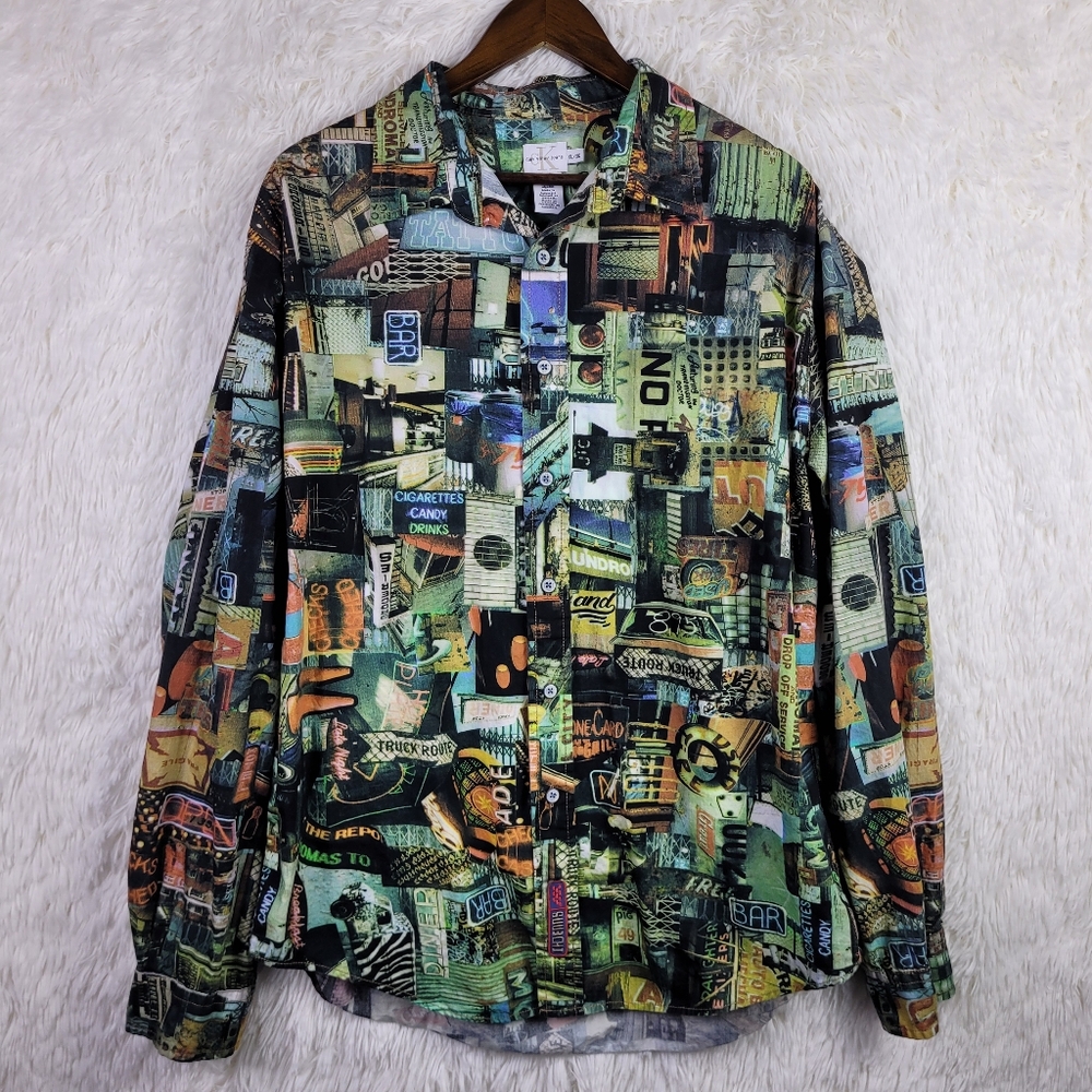 Vtg Calvin Klein Jeans Mens XL City Lights AOP Long Sleeve Button Up Party 90s